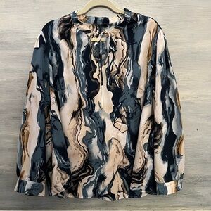 SHEIN Navy‎ Blue Tan Abstract Print Tie Neck Blouse 3XL Like New